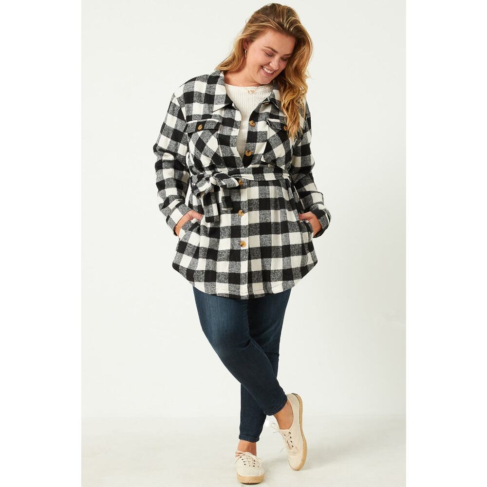 HAYDEN Maylee Plus Black Check Belted Long Shacket 1x - Picture 2 of 6
